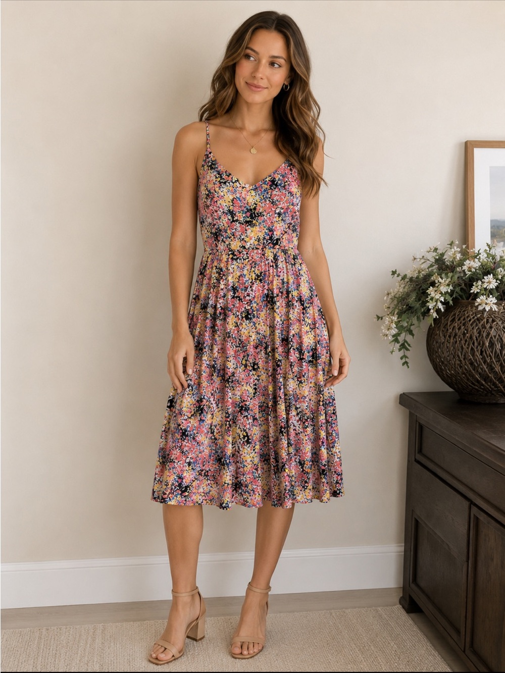 Gap Floral Fit & Flare Sundress Size Large Rayon Smocked Back Spaghetti Strap Dr